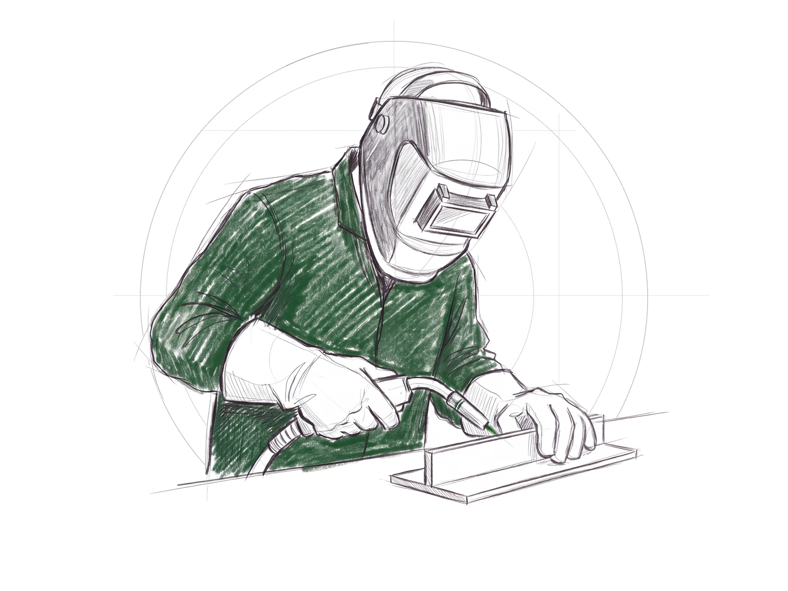 Loose pencil illustration of a welding student working at a bench